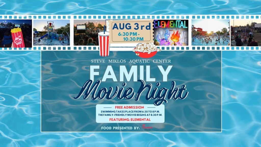 Families gathered at Steve Miklos Aquatic Center, eagerly awaiting the evening's film under the stars.